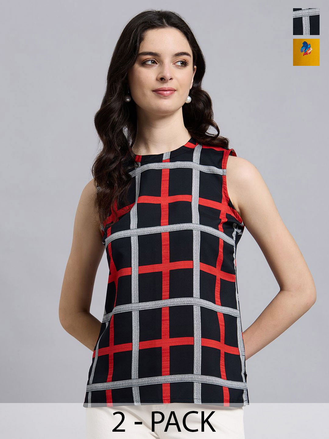 THE FAB FACTORY Women Pack of 2 Checked Sleeveless A-Line Regular Top
