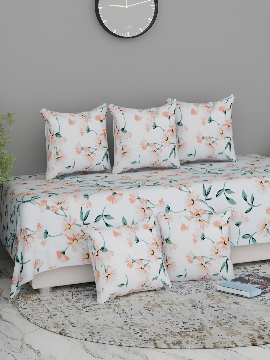 Florida 6-Pcs White & Green Floral Printed Diwan Set