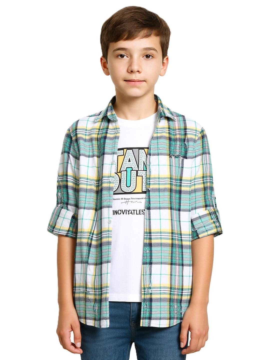 CAVIO Boys Green Cotton Shirts