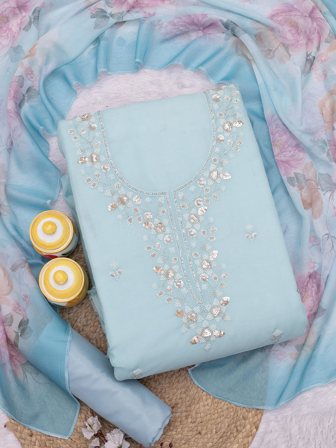 GLOWROAD Floral Embroidered Beads and Stones Organza Unstitched Dress Material