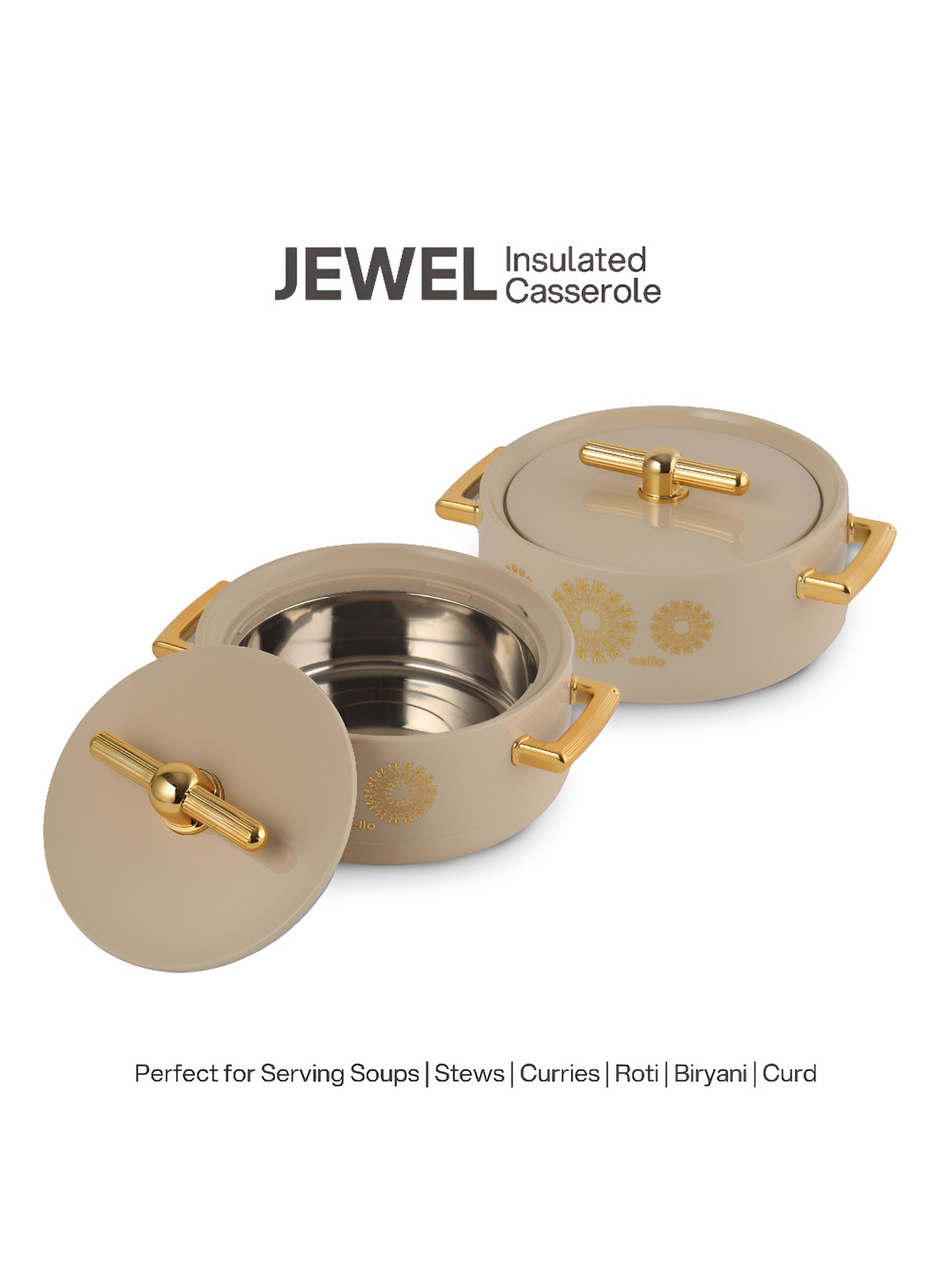 Cello Jewel Beige & Gold Toned 2 Pieces Stainless Steel Double Walled Thermal Casserole 1L