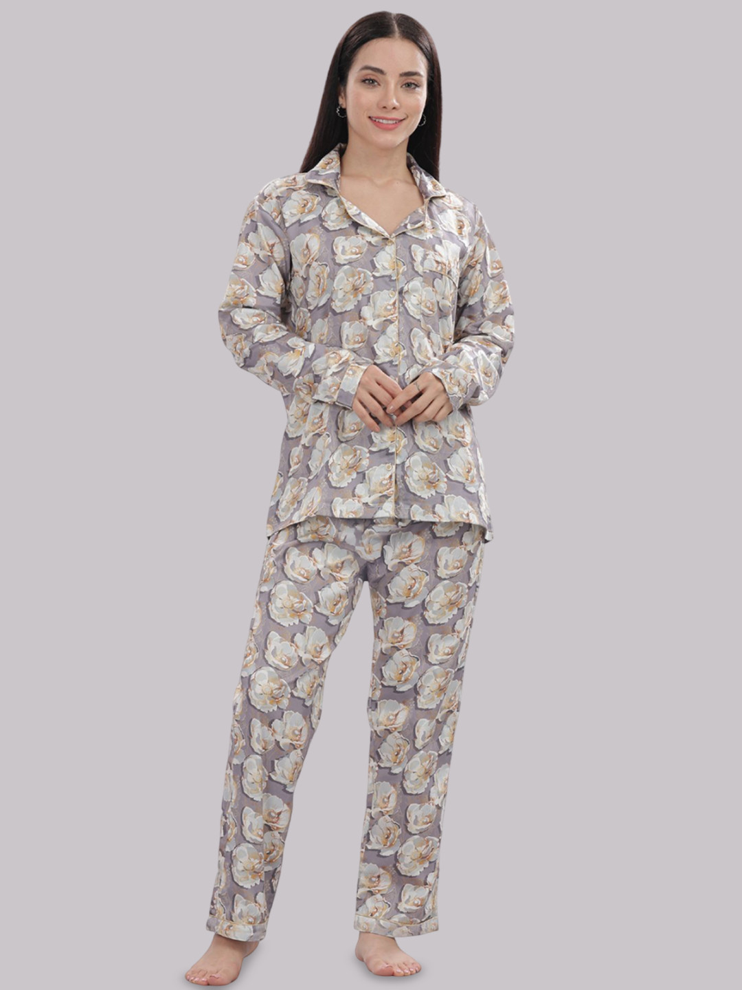 Pyjama Party Women Printed Lapel Collar Shirt & Pyjamas Pure Cotton Night suit