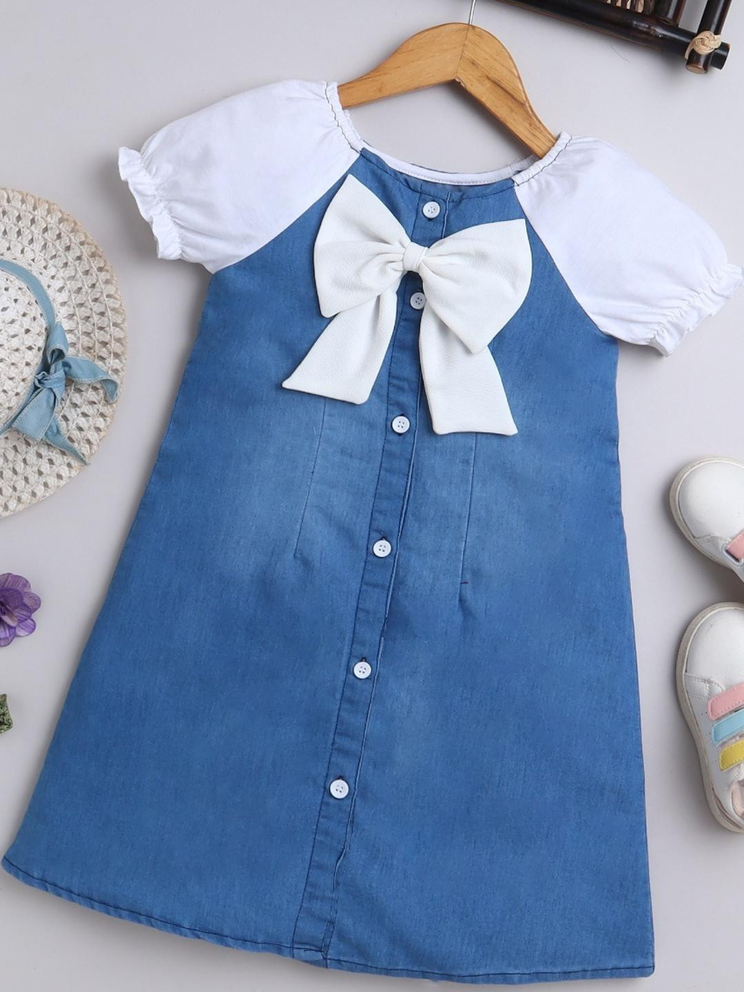 BRIGHT STARS KIDSWEAR Stylish Summer Denim Casual Dress with Puff Sleeves & Bow