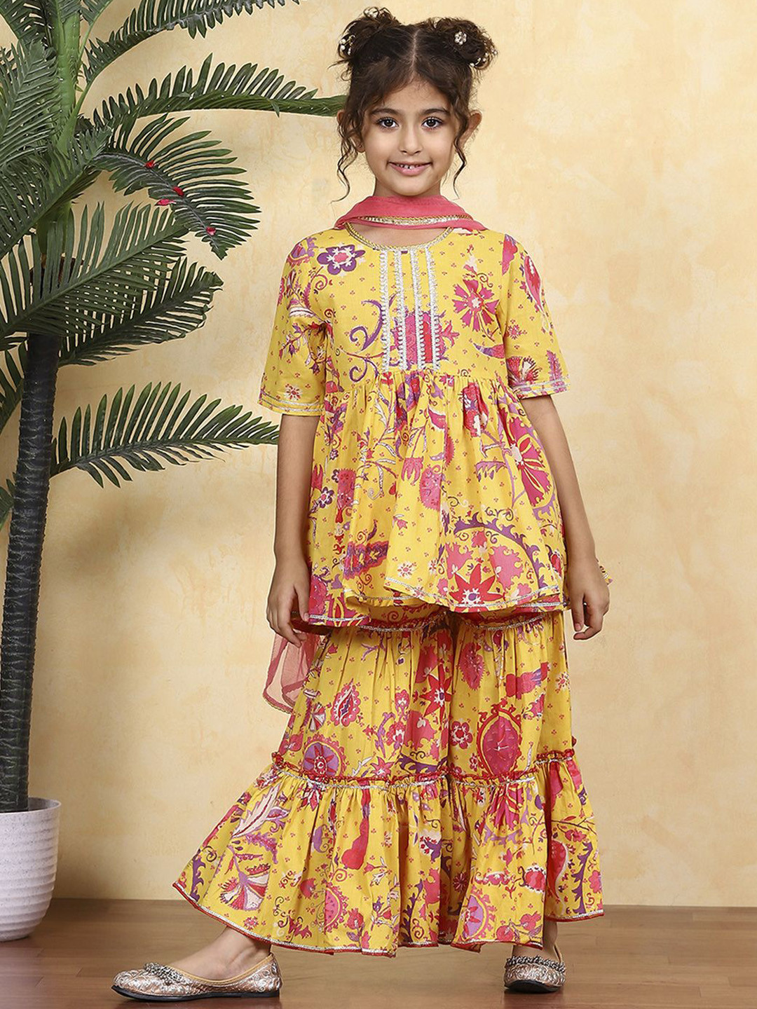 Biba Girls Floral Printed Anarkali Pure Cotton Kurti with Sharara & With Dupatta