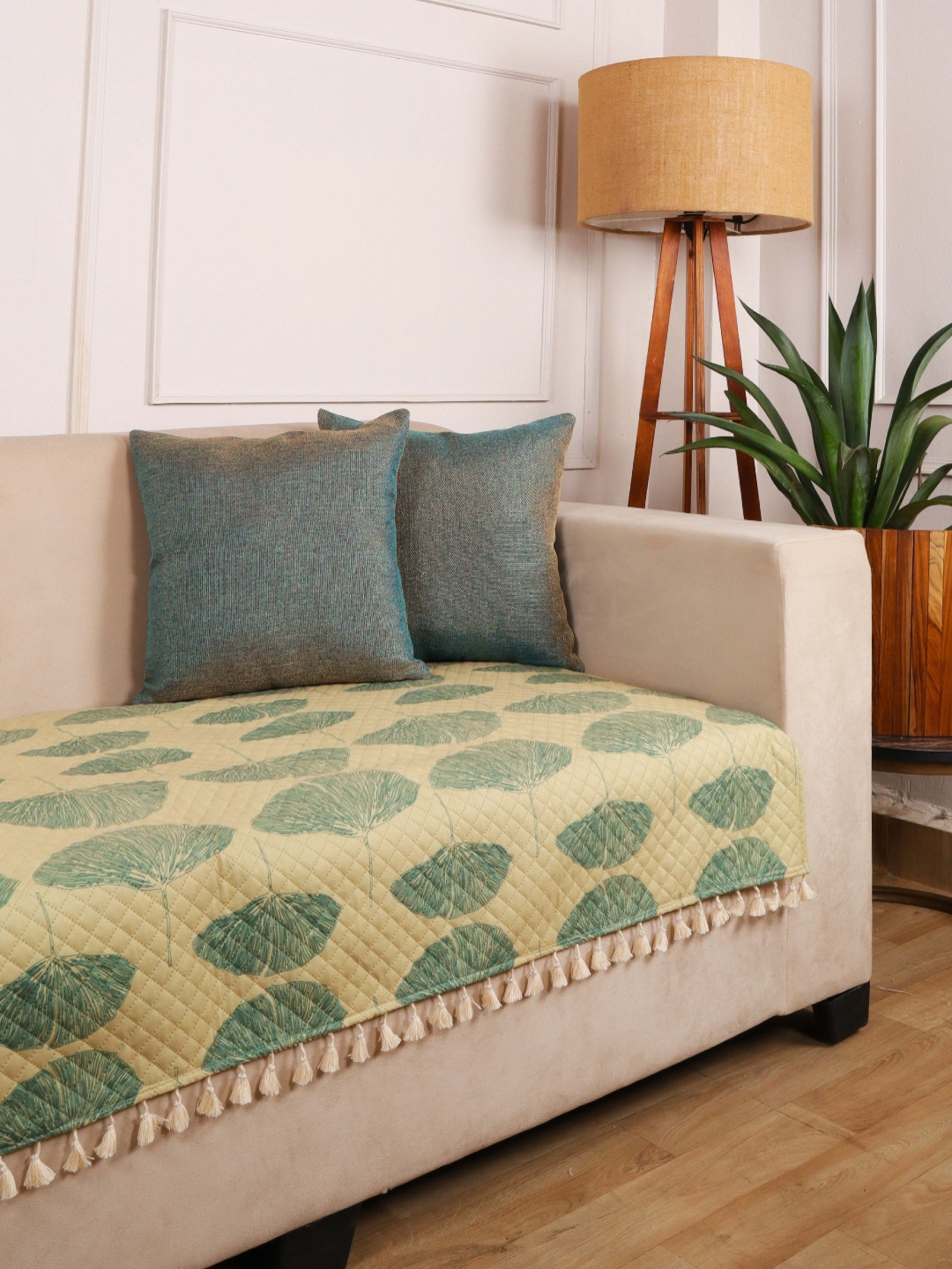 STITCHNEST Green & Beige Leaf Printed Velvet Straight 2 Seater Sofa Cover
