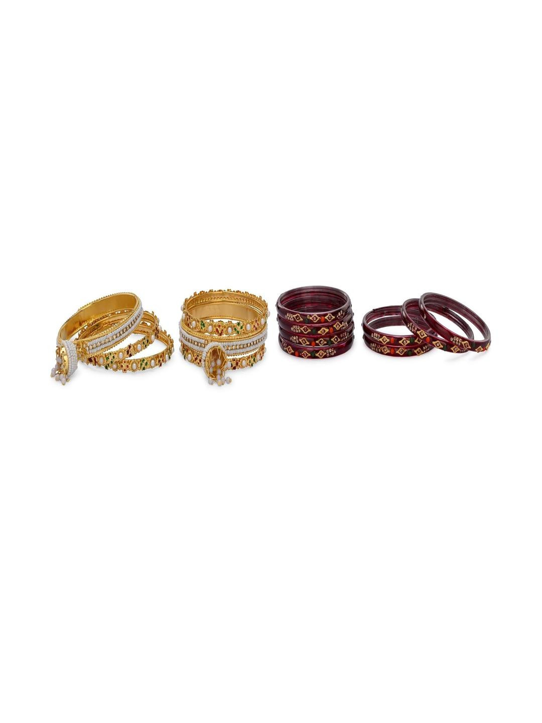 SOMIL Set Of 10 Gold and maroon glass Bangles
