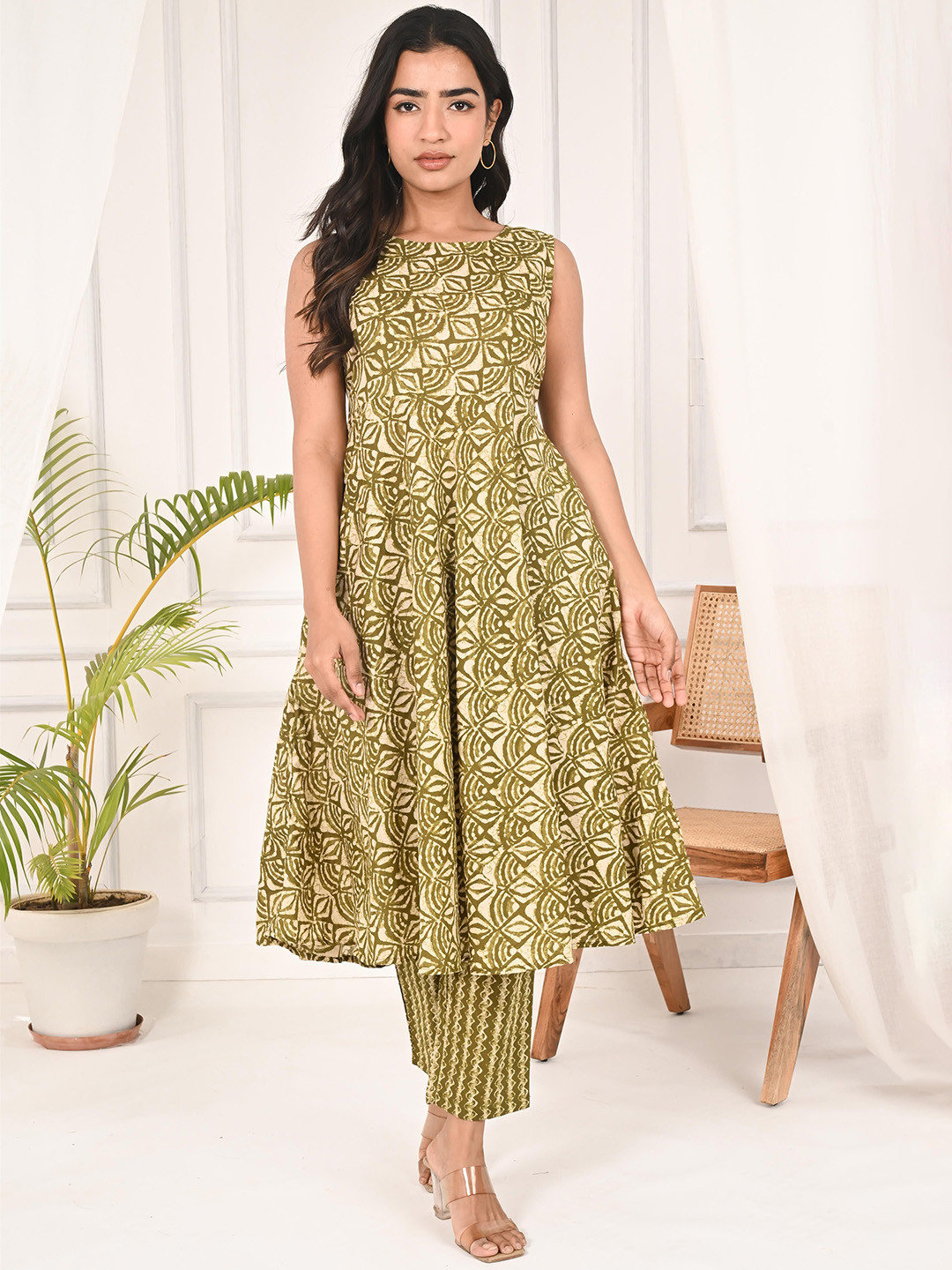 INDULI Geometric Printed Round Neck Pure Cotton A-Line Kurta & Trousers