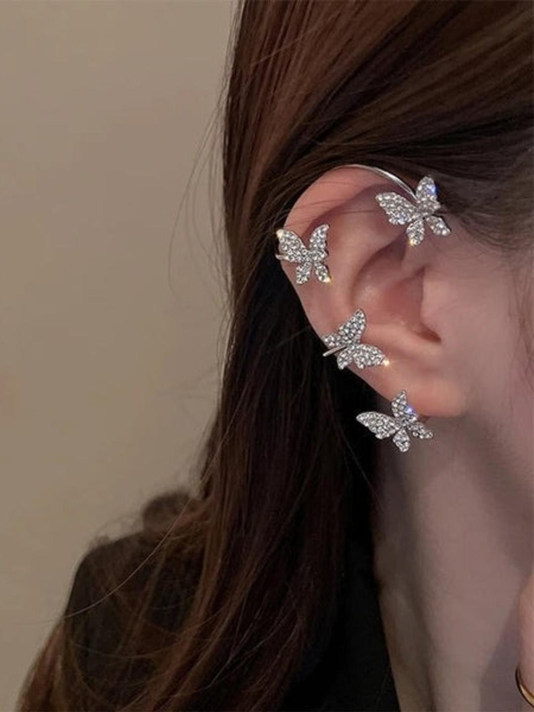 TheVineGirl Silver Stones Studded Butterfly Ear Cuff Earrings