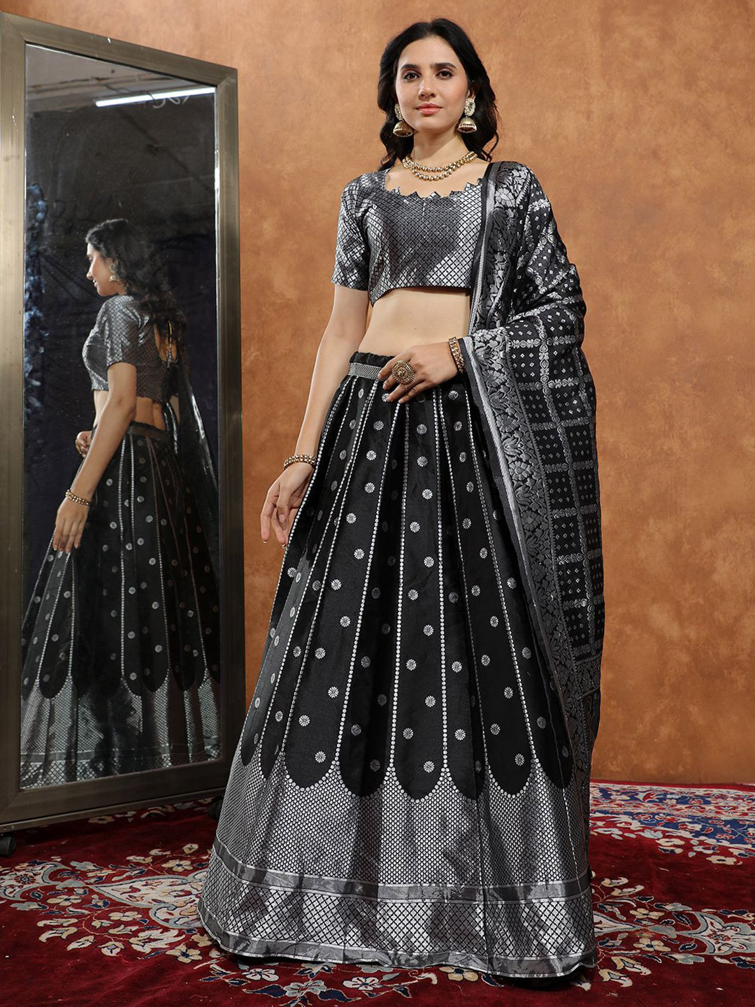 SWAMI STUDIO Woven Design Zari Work Semi-Stitched Silk Lehenga & Blouse With Dupatta