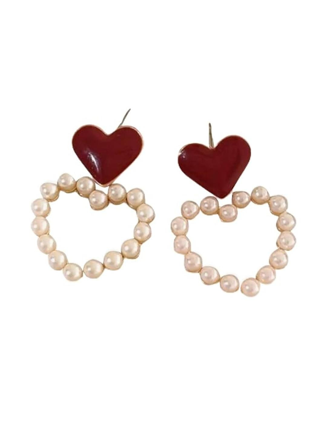 Inara Robes Women Red Korean Heart & Pearl Drop Earrings