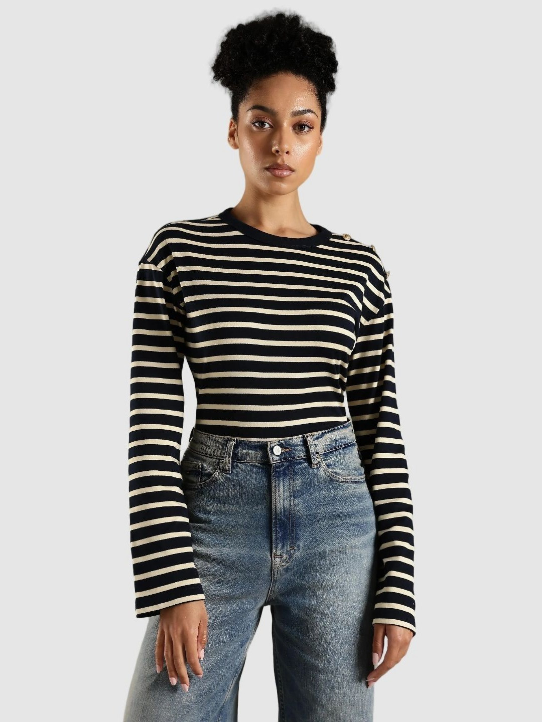 Tommy Hilfiger Women Striped Round Neck Cotton Relaxed Fit T-shirt