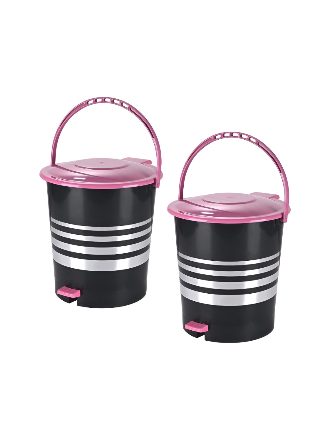 Aura 2 Pieces Black And Pink Striped Pedal Bin With Handle 10L Each