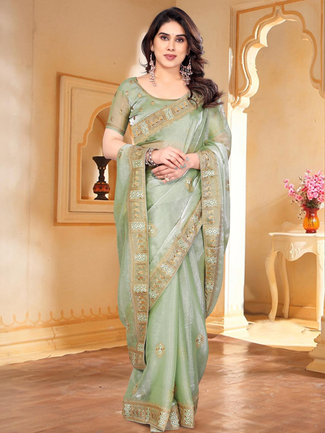 KHRITI FAB Green Embroidered Jute Silk Sarees