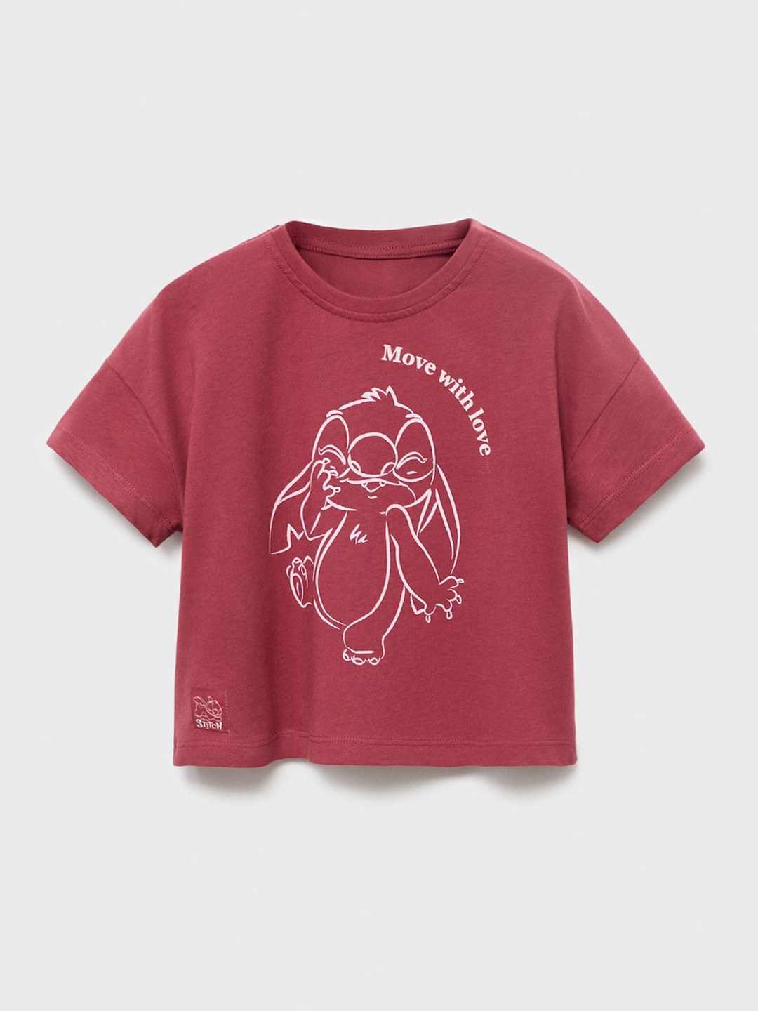 Mango Kids Girls Lilo & Stitch Printed Drop-Shoulder Sleeves Pure Cotton Crop T-shirt