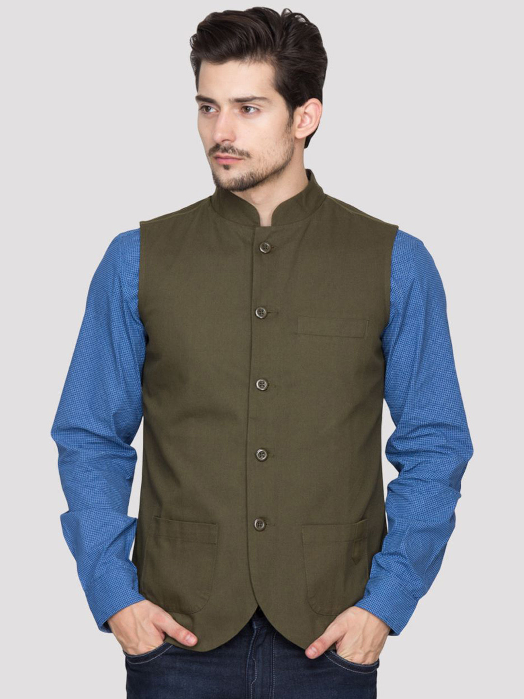Hypernation Breasted Woven Pure Cotton Nehru Jacket