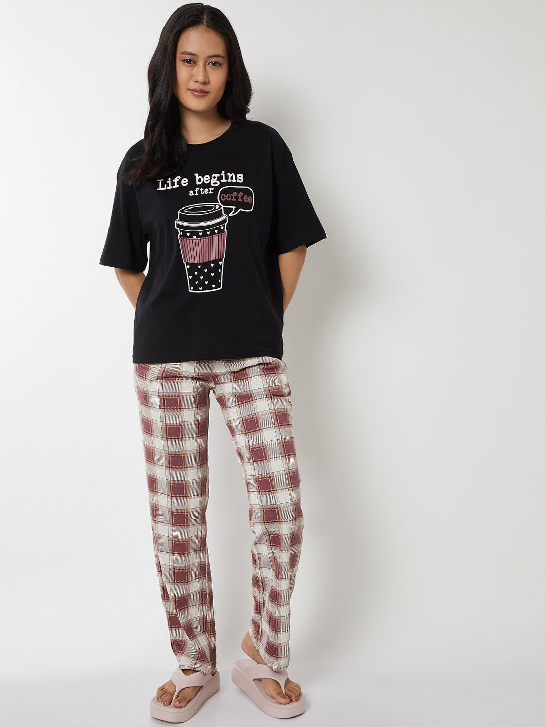 max Women Printed T-shirt with Checked Bottom Pant Pure Cotton Night Suit
