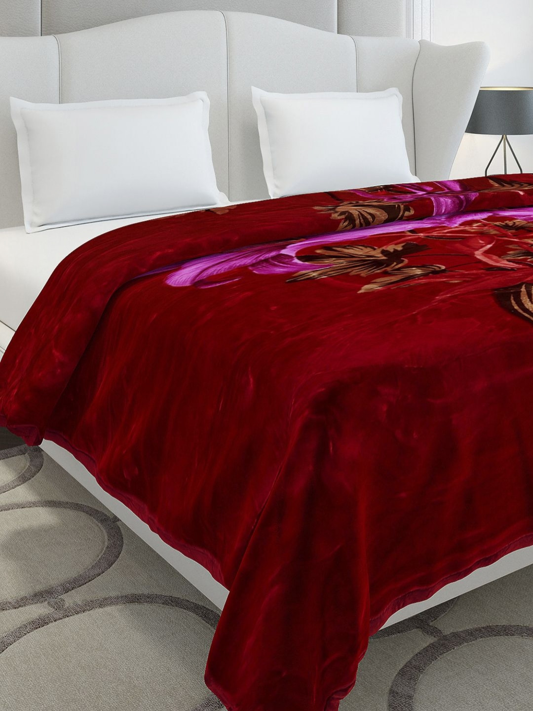 Monte Carlo Monarch Maroon & Brown Printed Heavy Winter Double Bed Blanket 1136 GSM