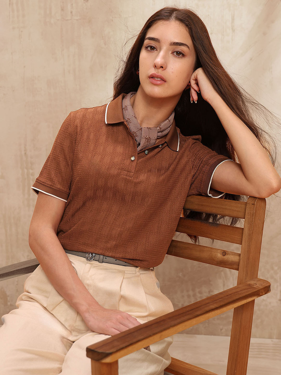 U.S. Polo Assn. Women Textured Polo Collar Boxy Fit T-shirt