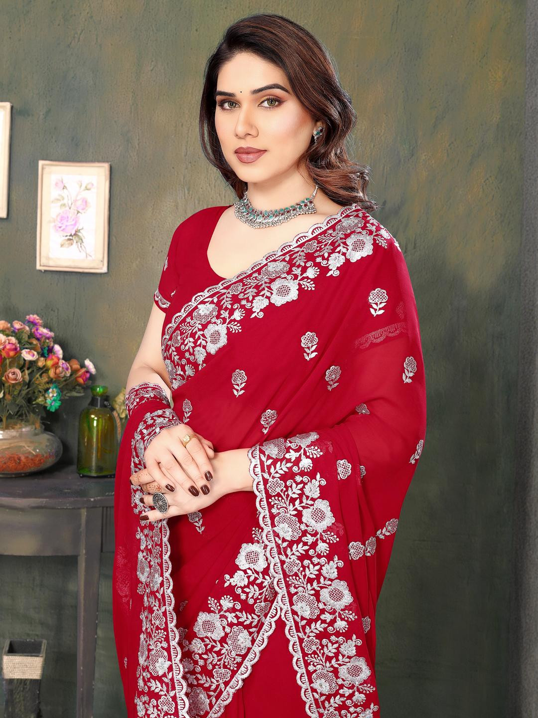 KHRITI FAB Red Embroidered Pure Georgette Sarees