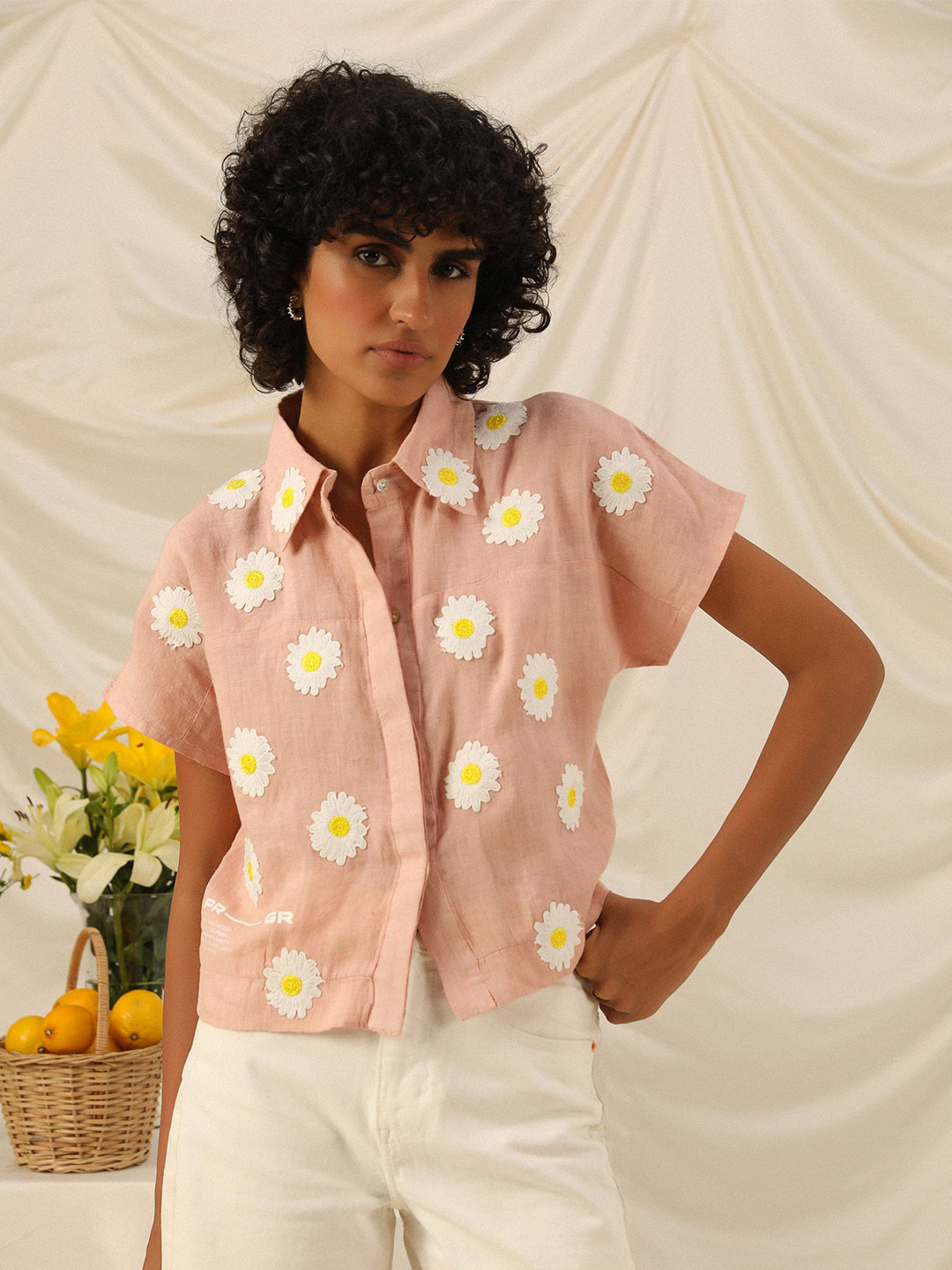 PRIMAL GRAY Floral Embroidered Loose Tube Oversized Linen Shirt