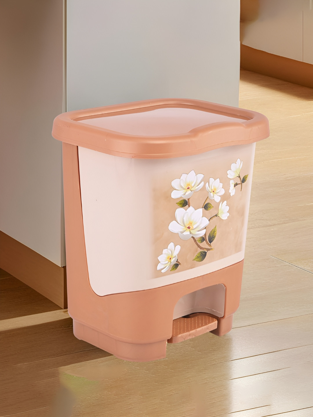 Aura :Peach & White Floral Printed Pedal & Removable Inner Bucket Bin 11L