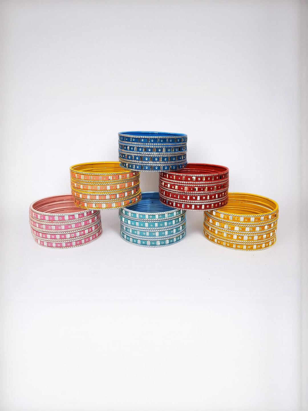 PRIYA KANGAN Set of 6 Multicolored Metal Silver Cut Bangles Set