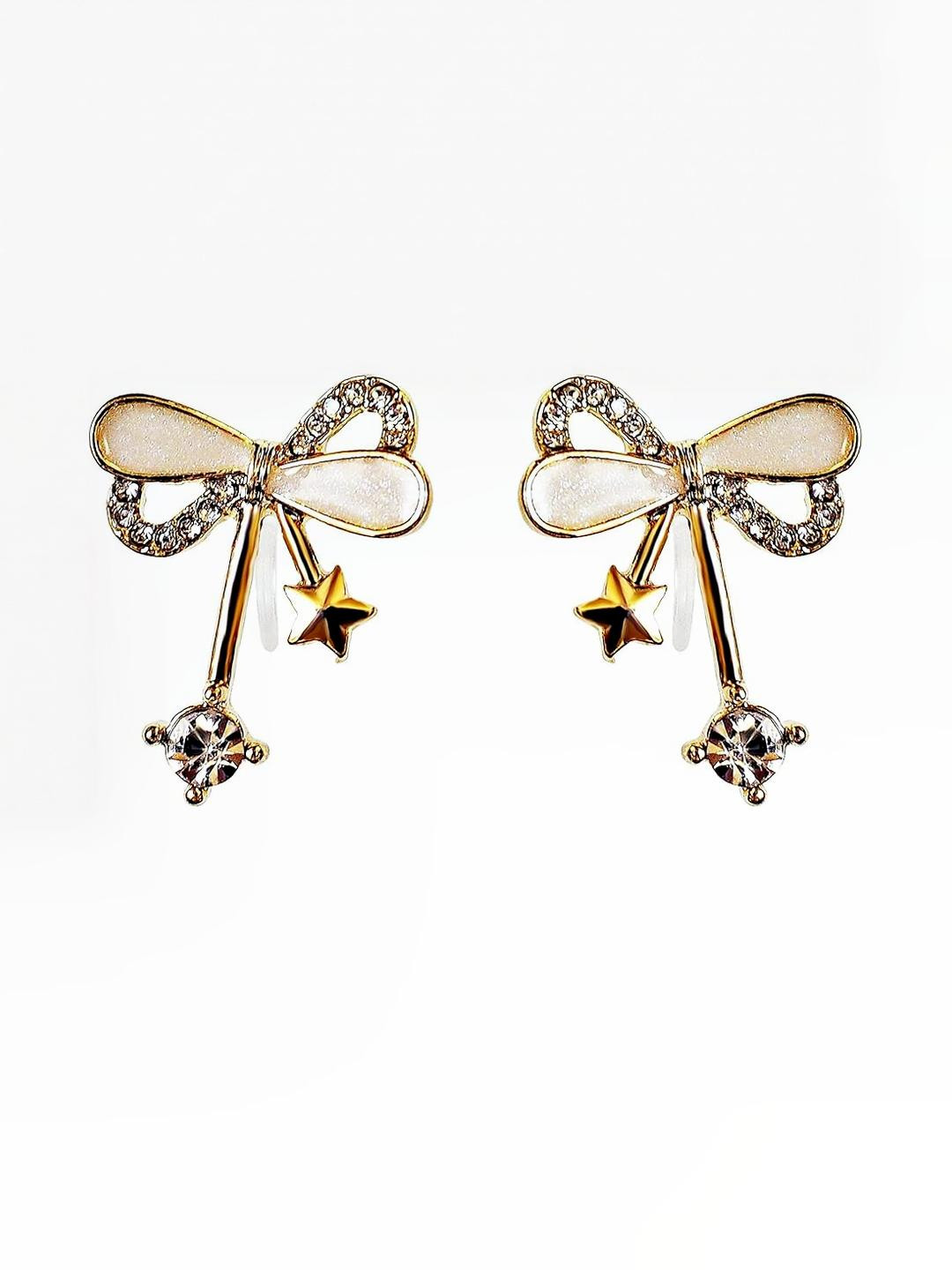 Inara Robes Women Ribbon Shaped Beige Crystal Rhinetone Bow Earings