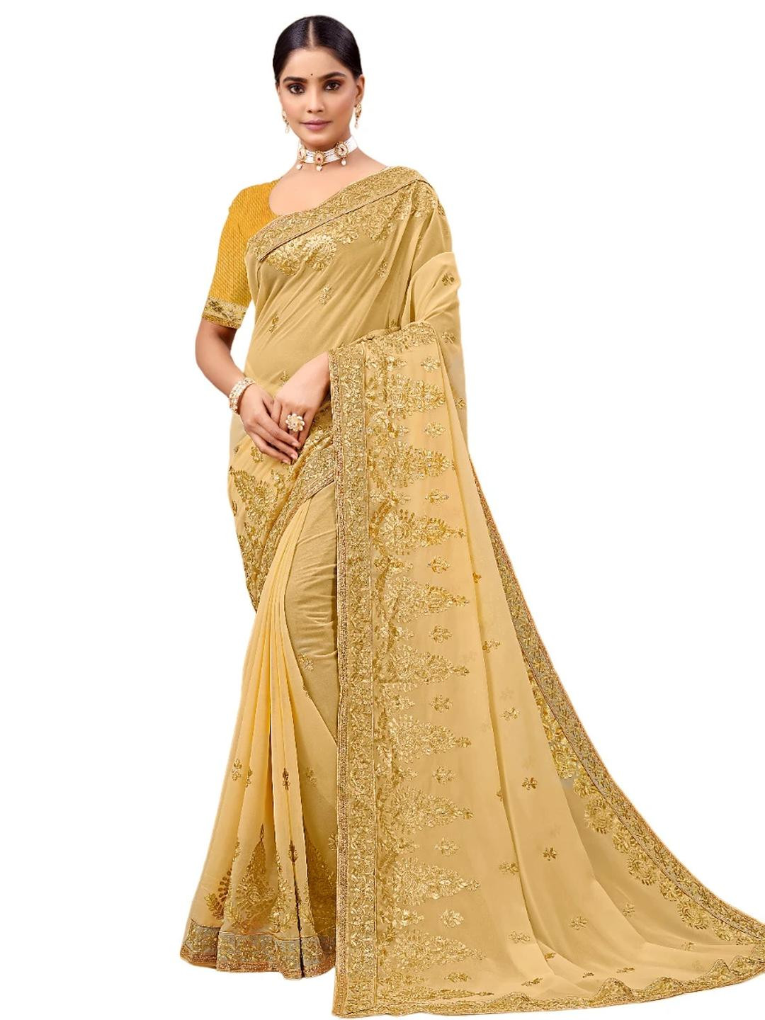KHRITI FAB Cream Embroidered Net Sarees