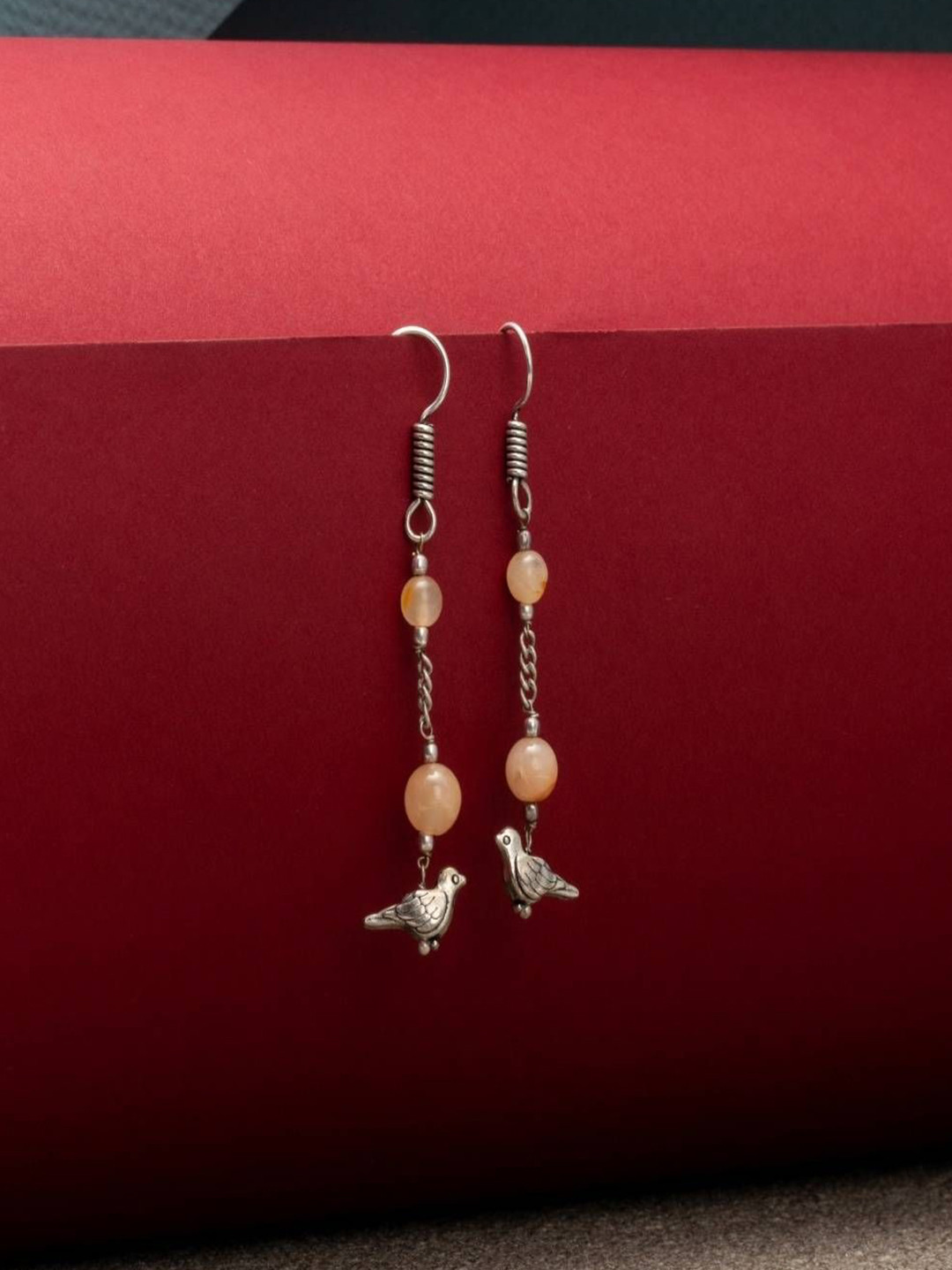 Shrim jewels Brass-Plated Onyx Beaded Oxidised Bird Shaped Drop Earrings