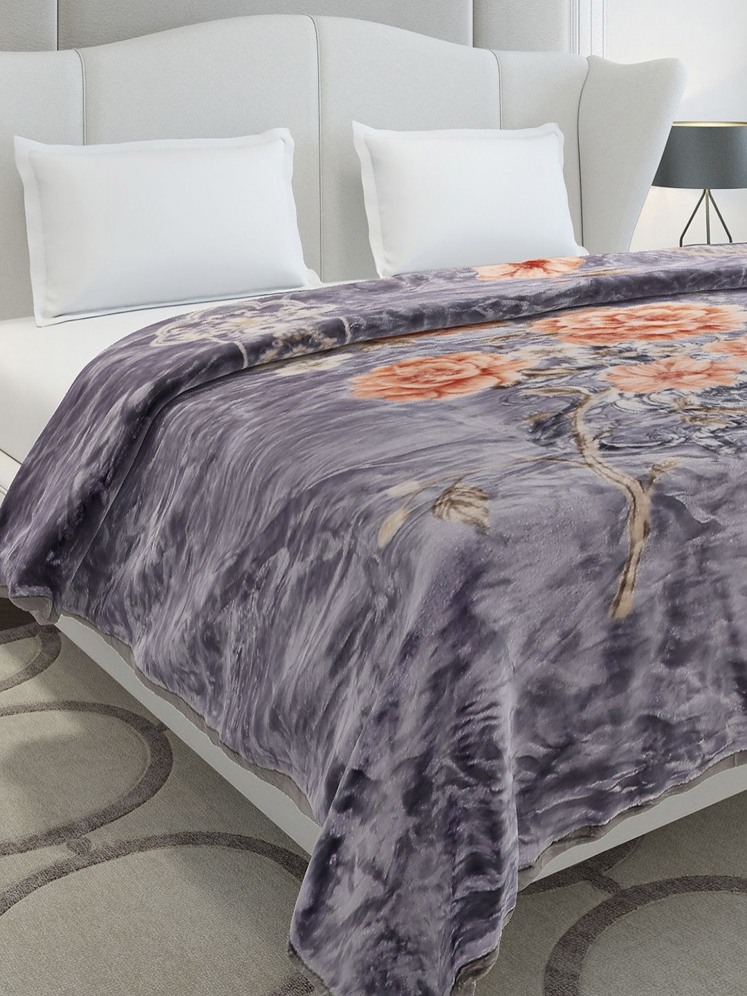 Monte Carlo Marshal Grey & Peach Colored Printed Heavy Winter  852 GSM Double Bed Blanket