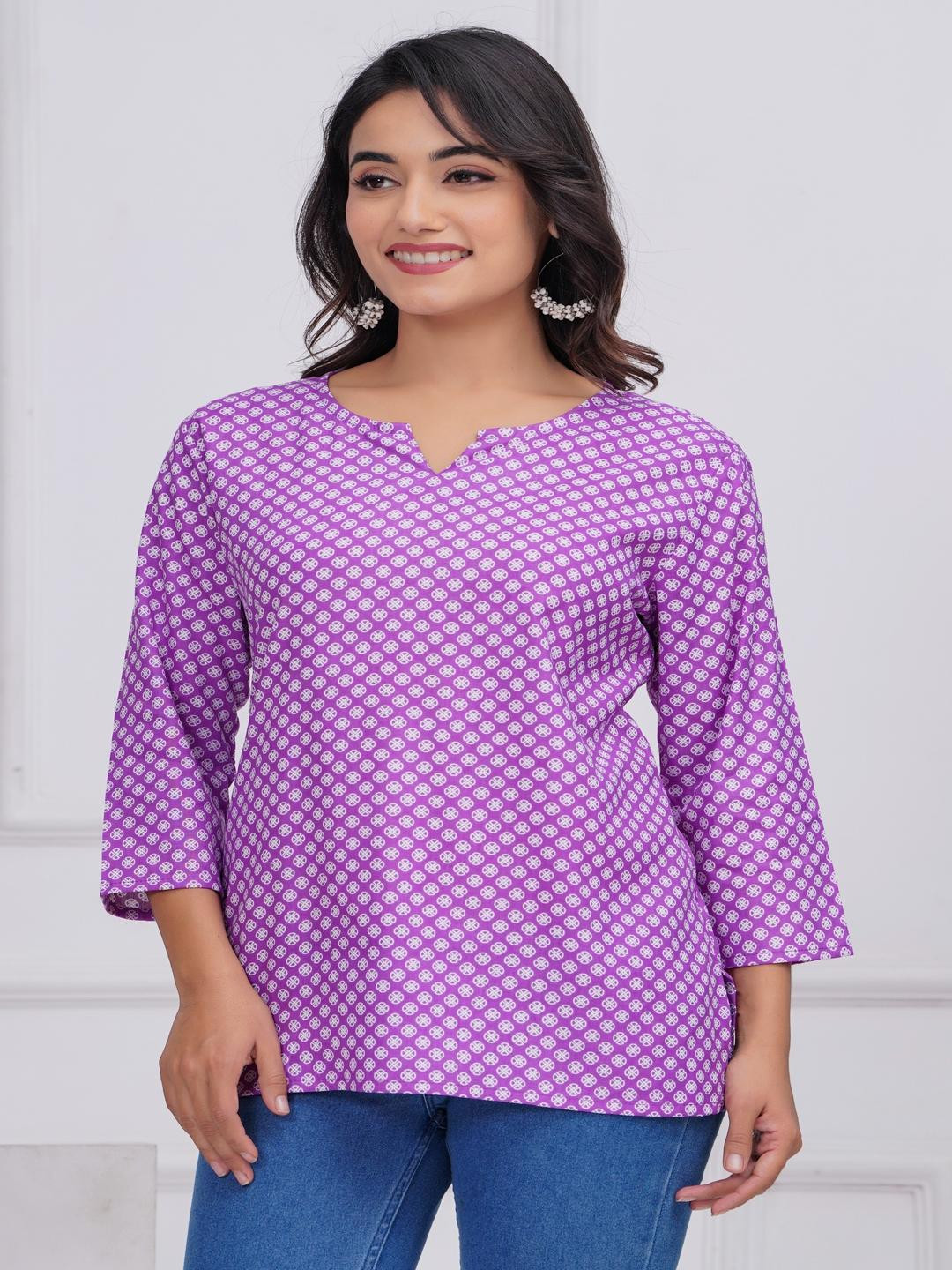 CHOISE GABBAA Women Purple Rayon Floral Printed  Neck Three-Quarter Sleeves Short Kurti