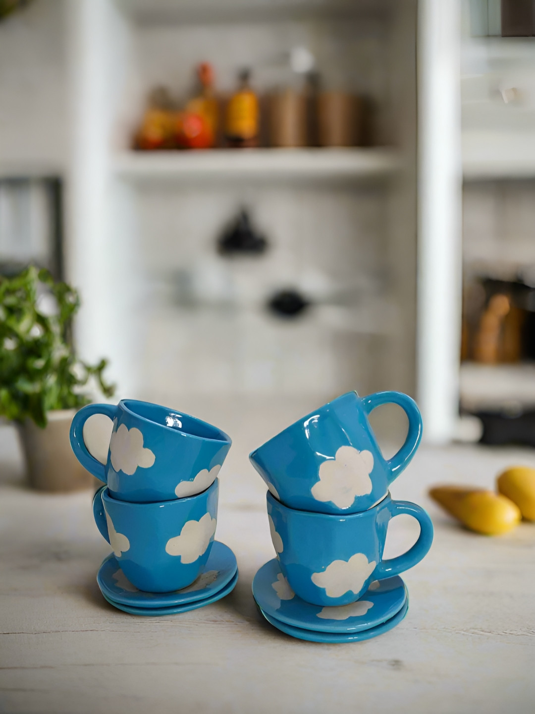 Bon Homey Blue & White 8 Pieces Printed Cups and Saucers 200ml