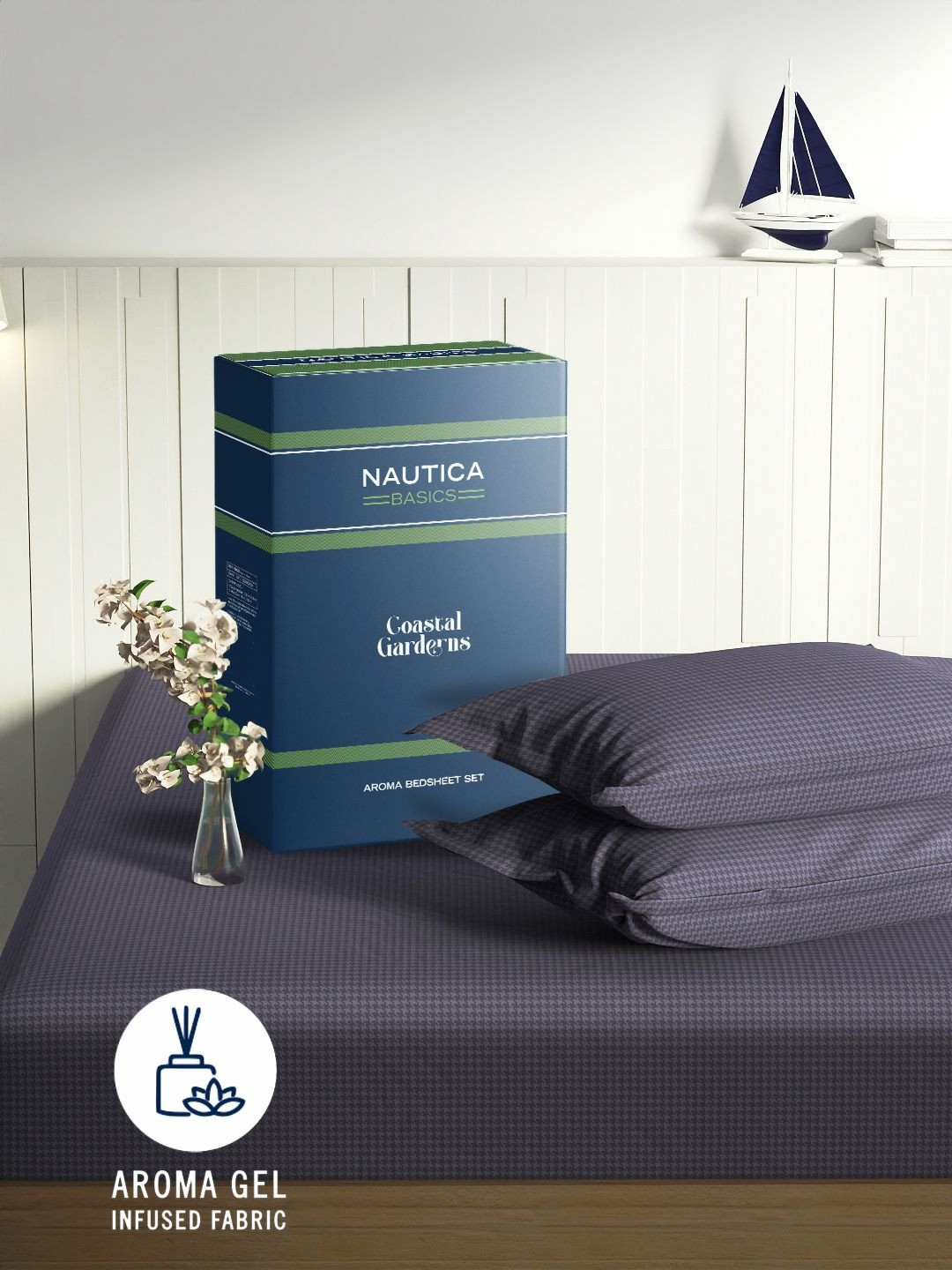 Nautica Purple Striped Printed 180 TC Cotton Double Queen Bedsheet Set 2.24 m x 2.54 m