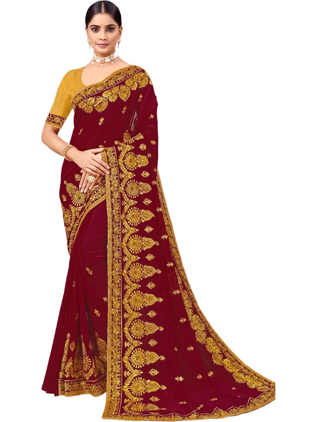 KHRITI FAB Maroon Embroidered Net Sarees