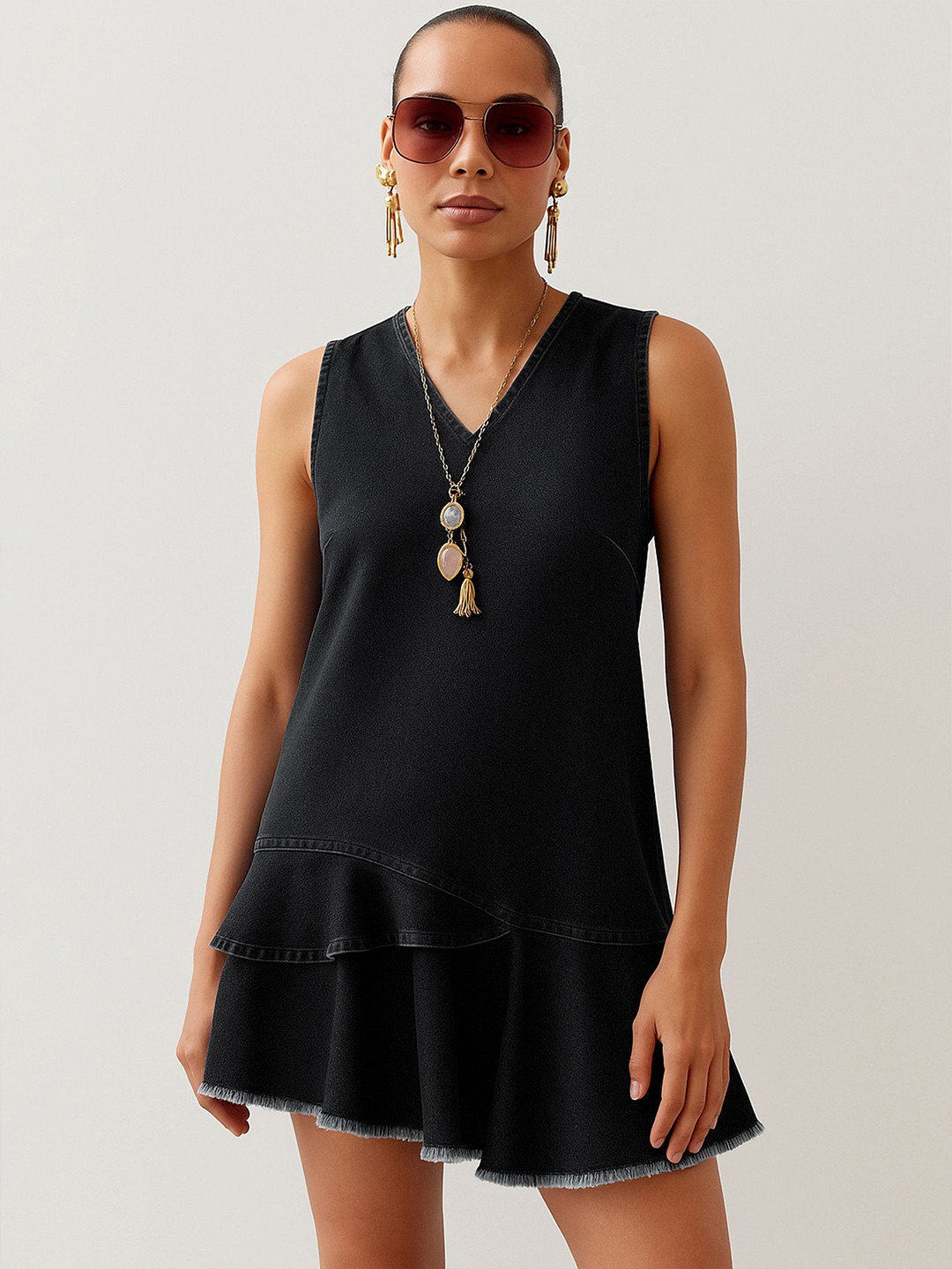 SASSAFRAS Women Denim Drop-Waist Asymmetric Mini Dress