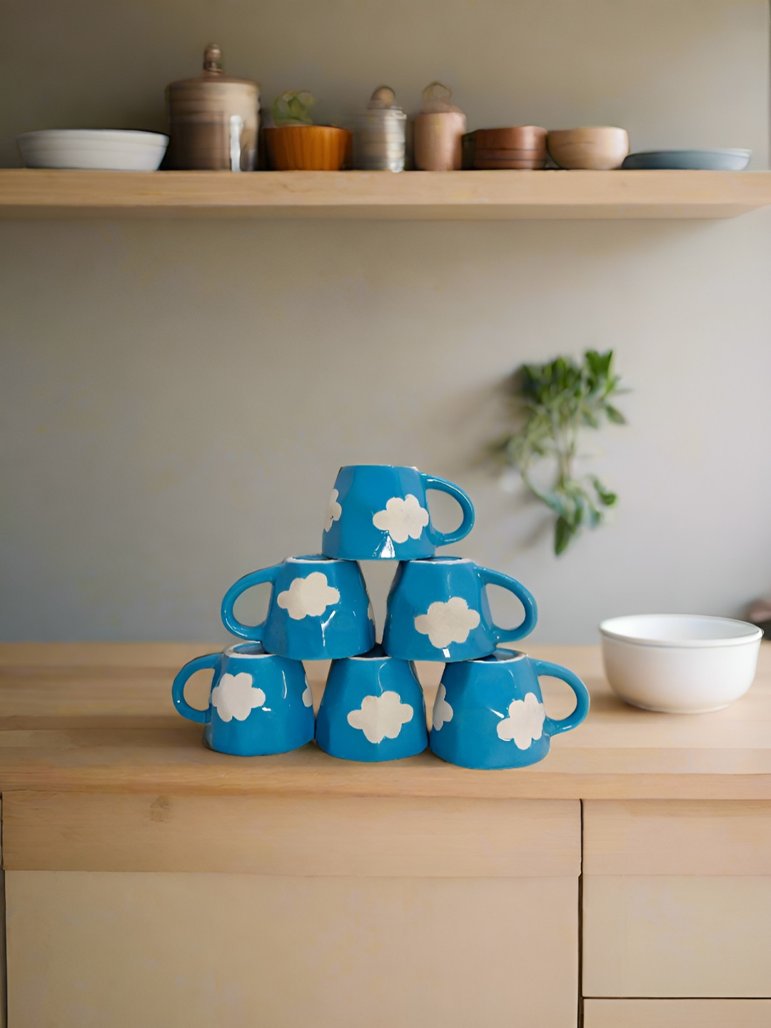 Bon Homey Blue & White 6 Pieces Textured Ceramic Glossy Cups