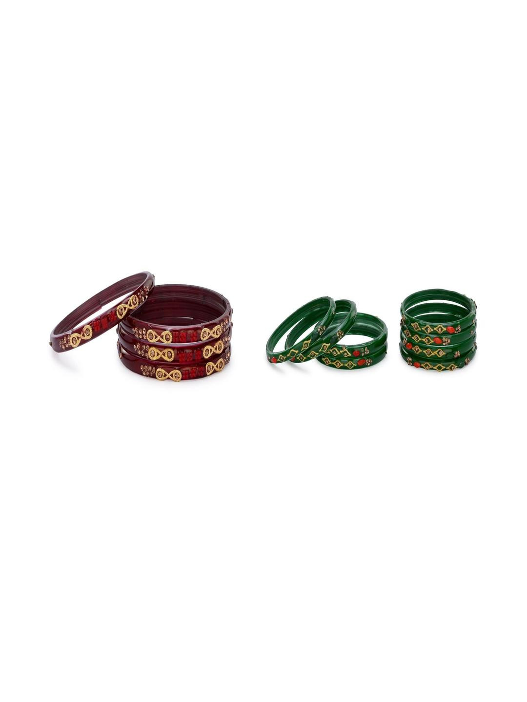 SOMIL Set Of 12 Maroon And Green Glass Artificial Stones And Beads Bangles