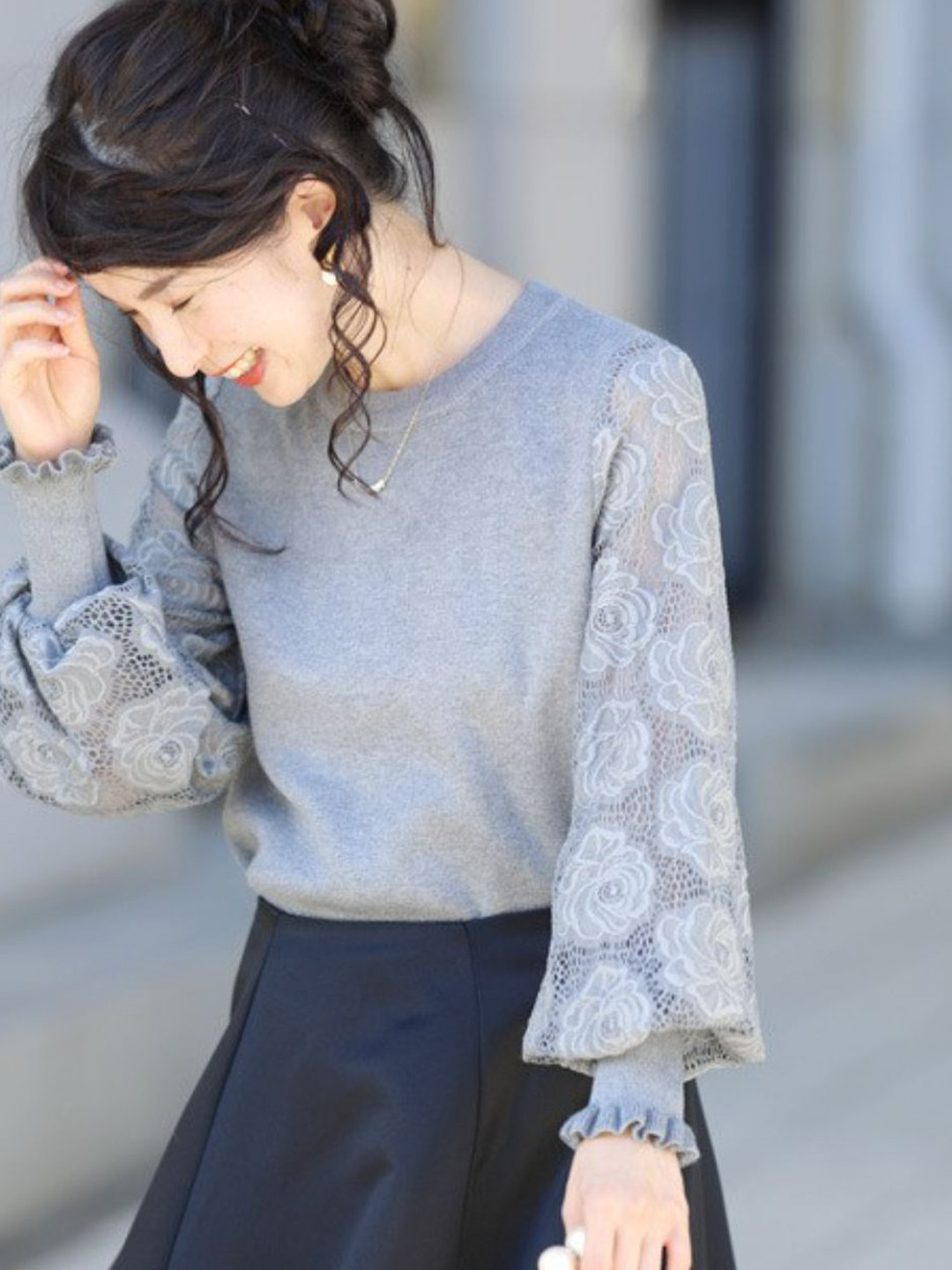 bebe Grey Crewneck Floral Lace Balloon Sleeve Knit Top