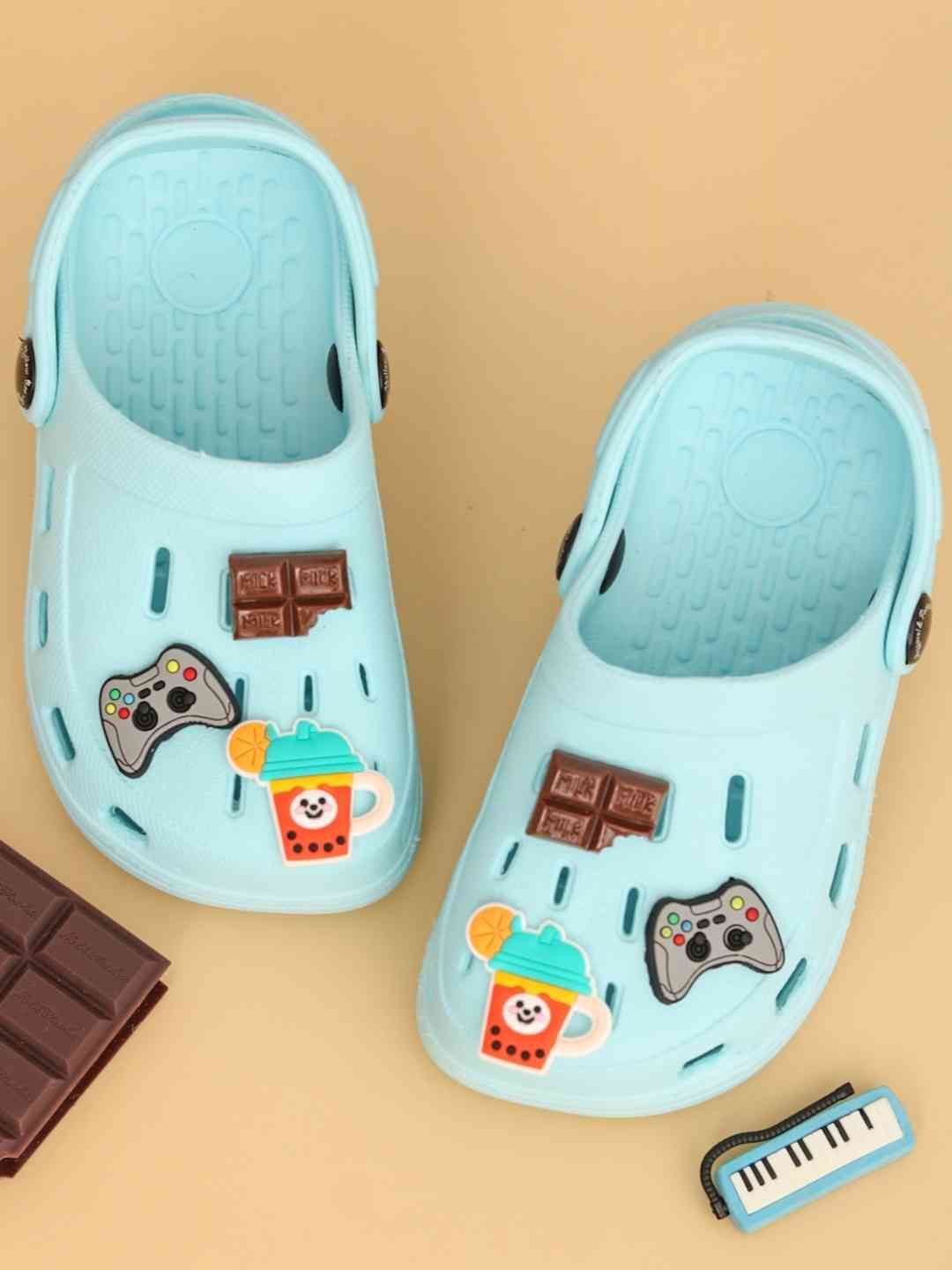 Yellow Bee Boys Clogs with Gamepad Chocolate & Fruit Smoothie Shoe Charms