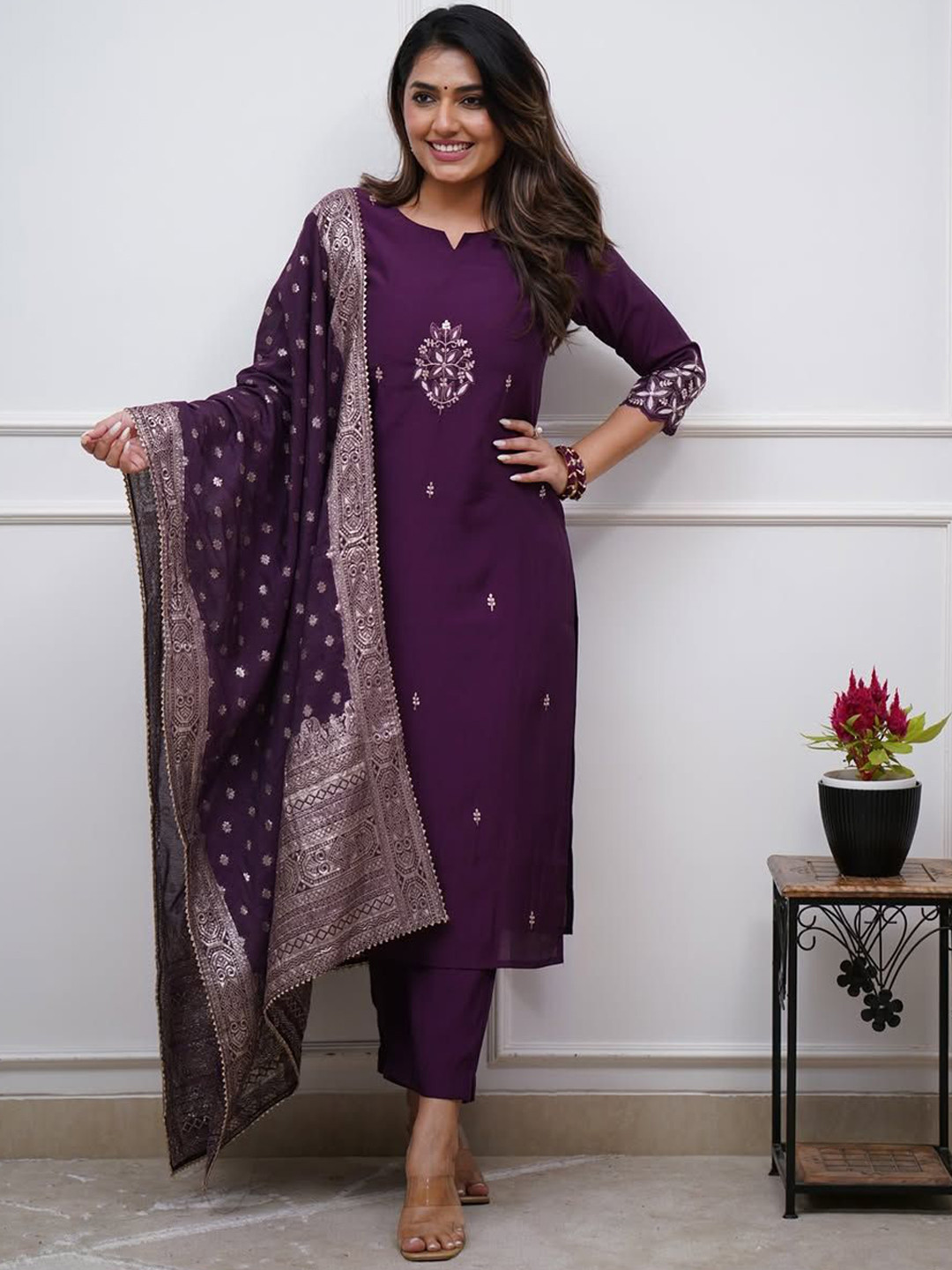 SWEETPEL Adults-Women Woven Design Embroidered Kurta with Trousers & Dupatta