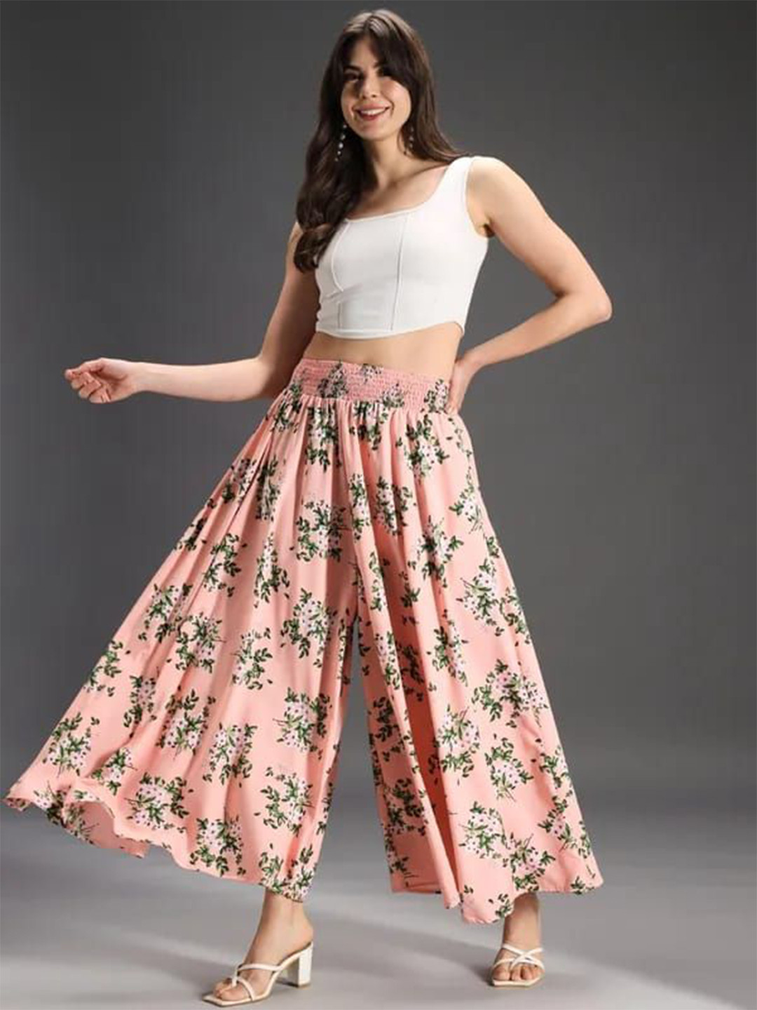 Pink Formal Women Floral Printed Knitted Crepe Flared Palazzos
