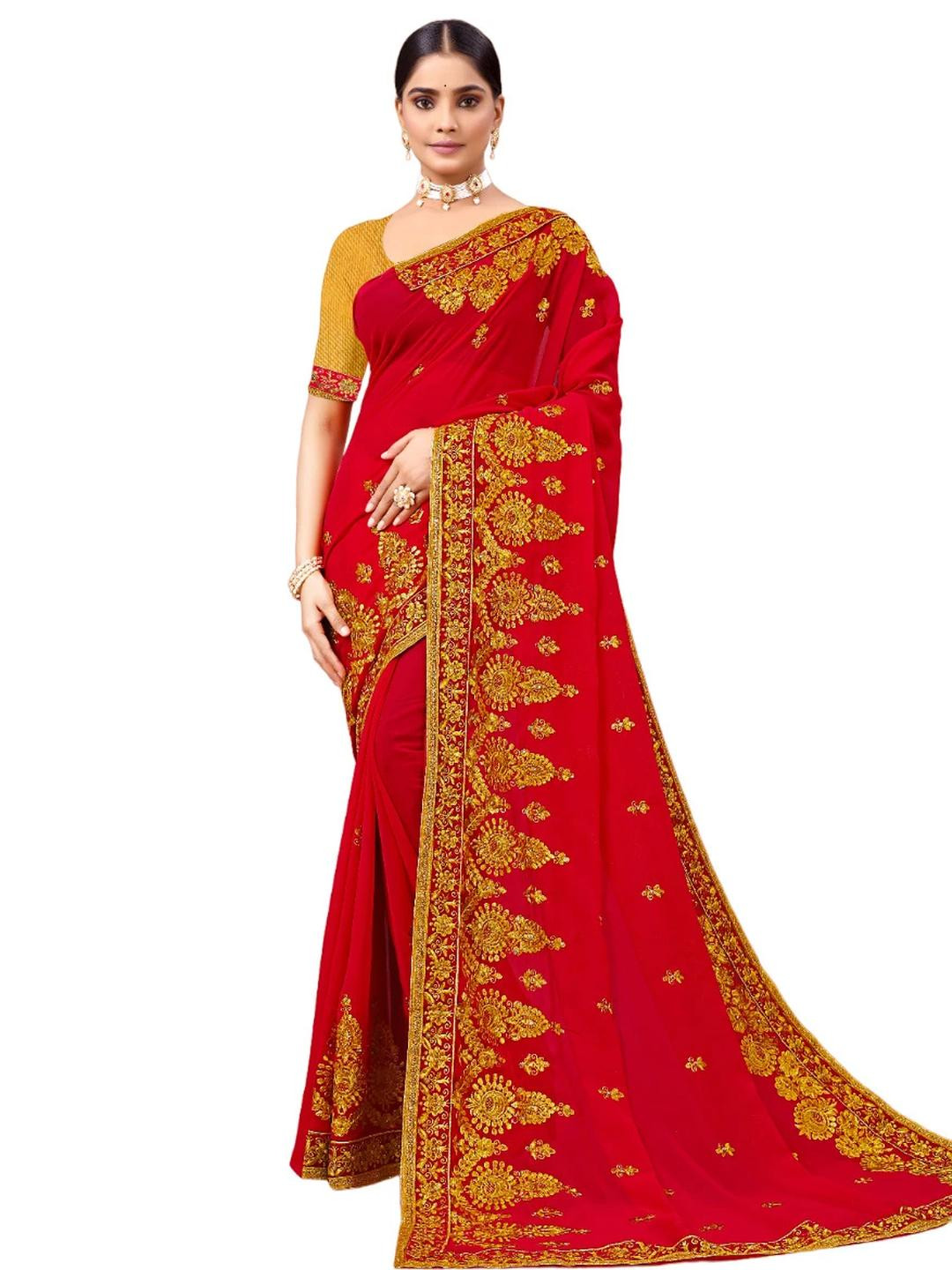 KHRITI FAB Red Embroidered Net Sarees