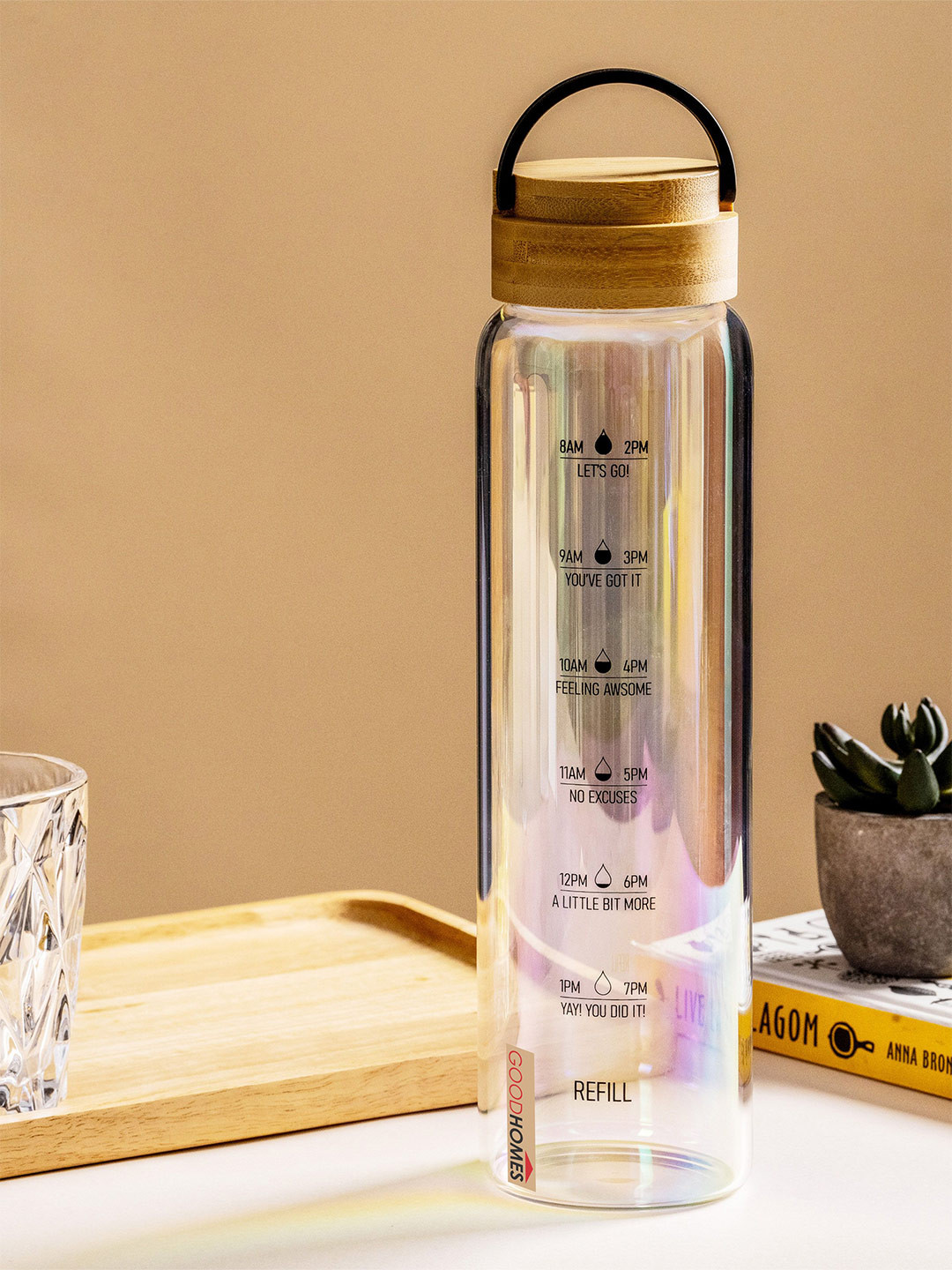 GOODHOMES Transparent & Black Typography Printed Glass Water Bottle With Wooden Lid-1 L
