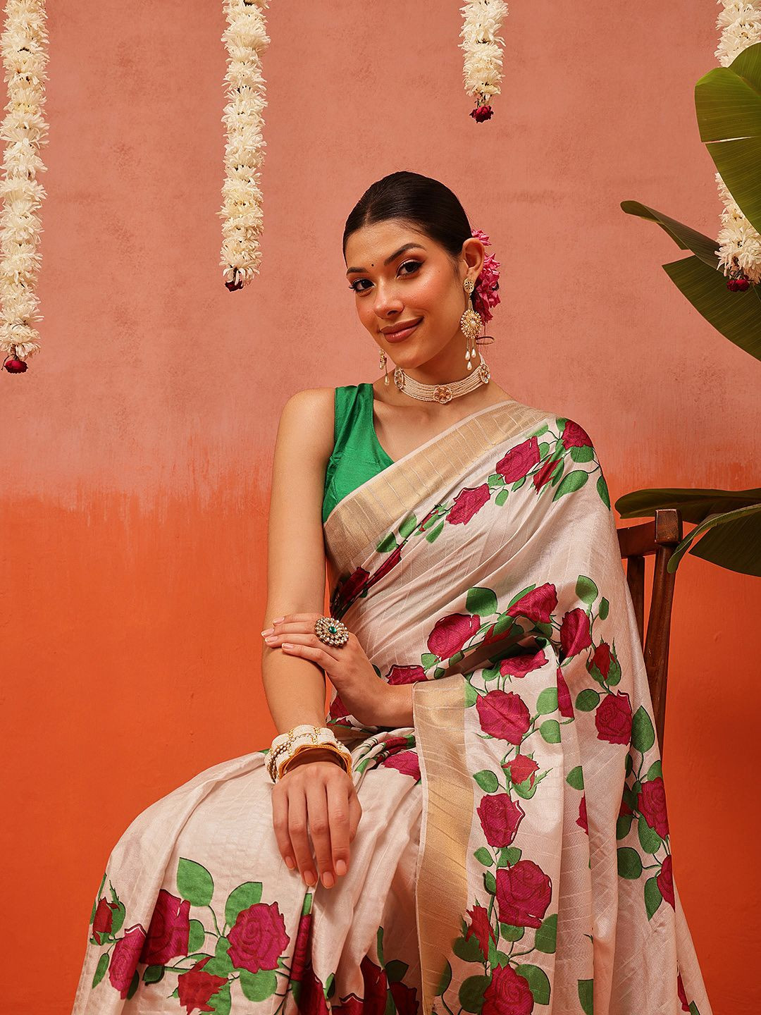 Silk Land Floral Print Banarasi Saree with Zari Border