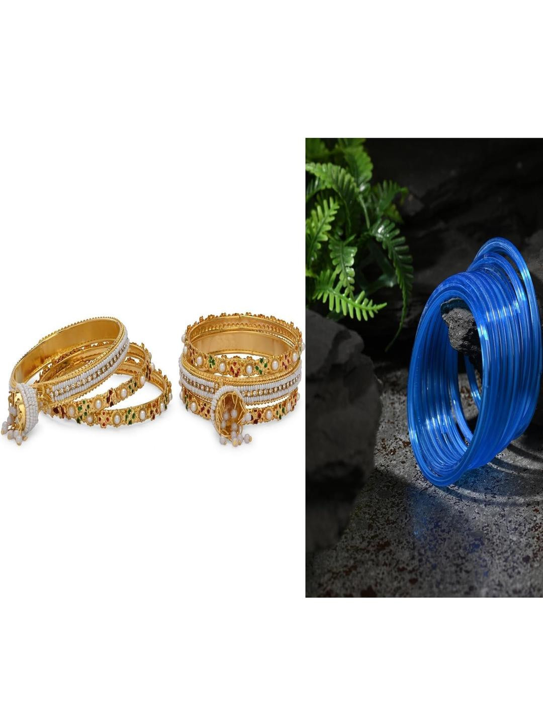 SOMIL Set Of 14 Gold And Blue Glass Artificial Stones & Beads Bangles