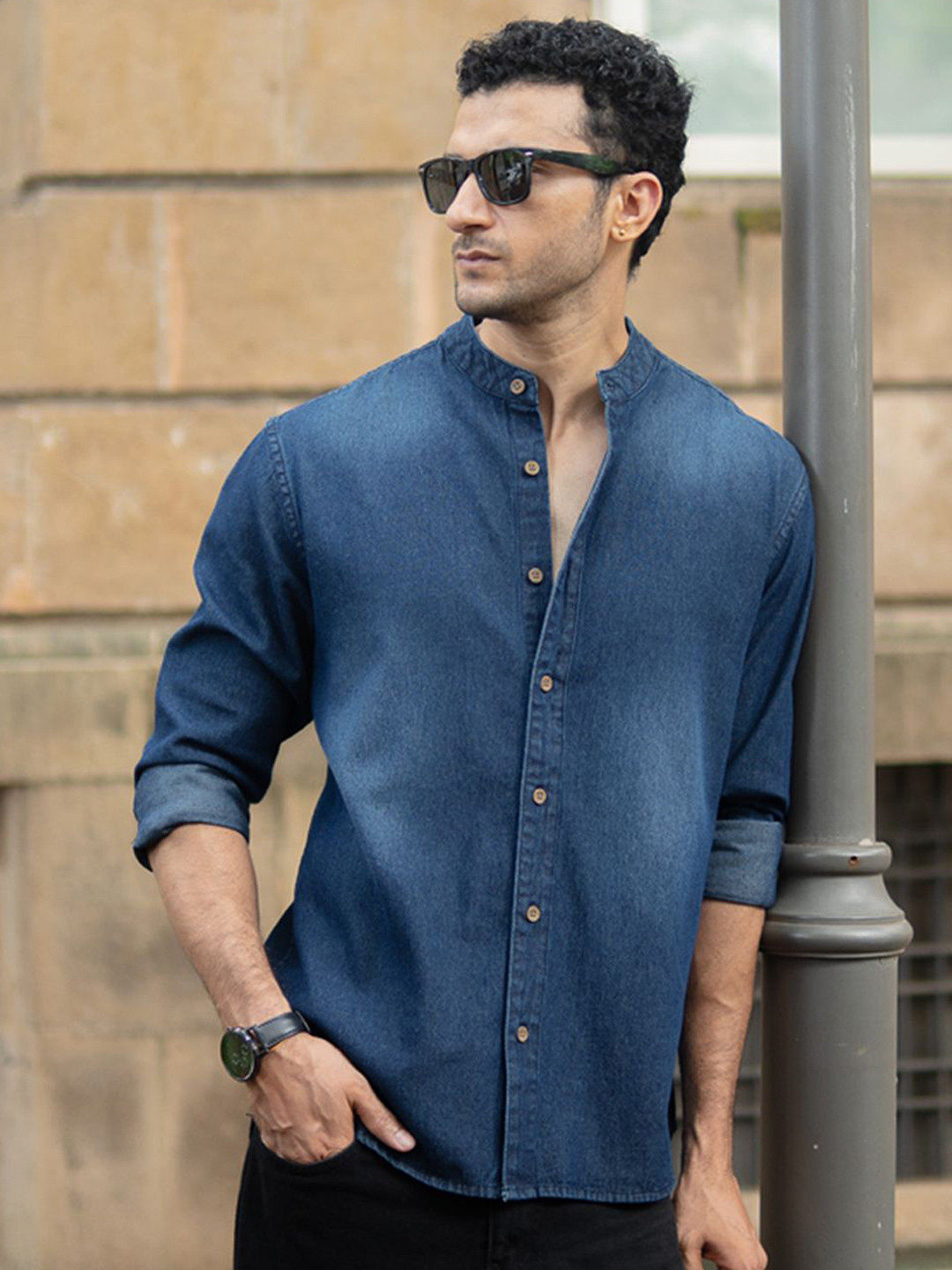 Powerlook Band Collar Pure Cotton Denim Shirt
