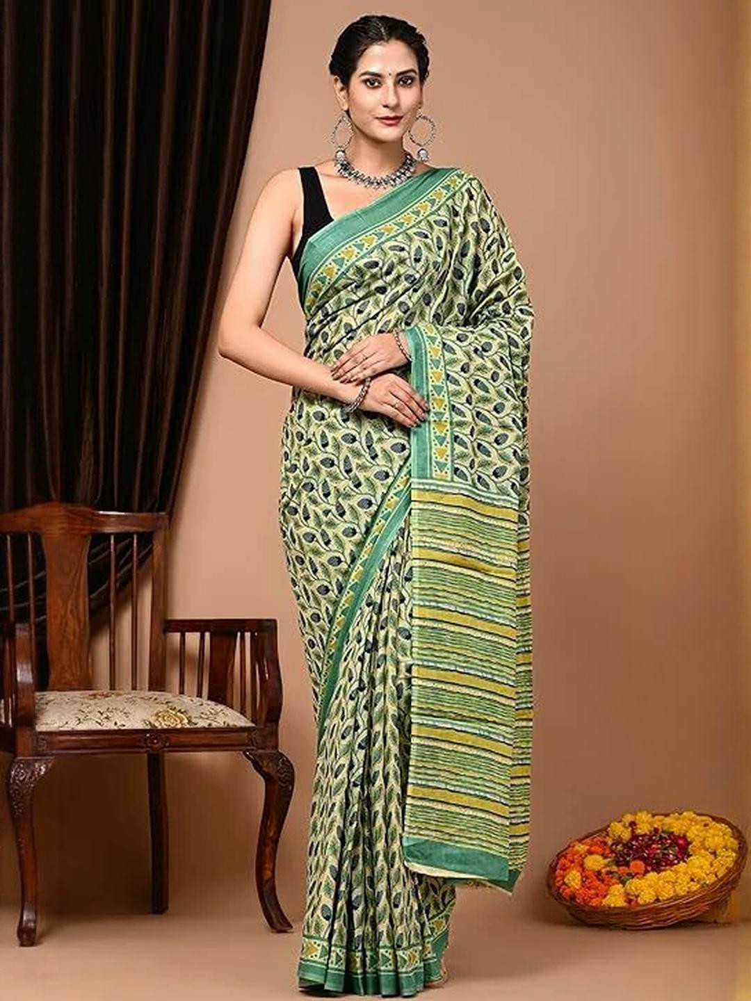 Pinkcity Trade World Green Pure Cotton Printed Sarees