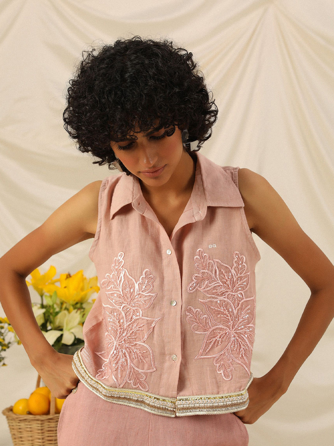 PRIMAL GRAY Floral Embroidered Sleeveless Relaxed Fit Linen Shirt