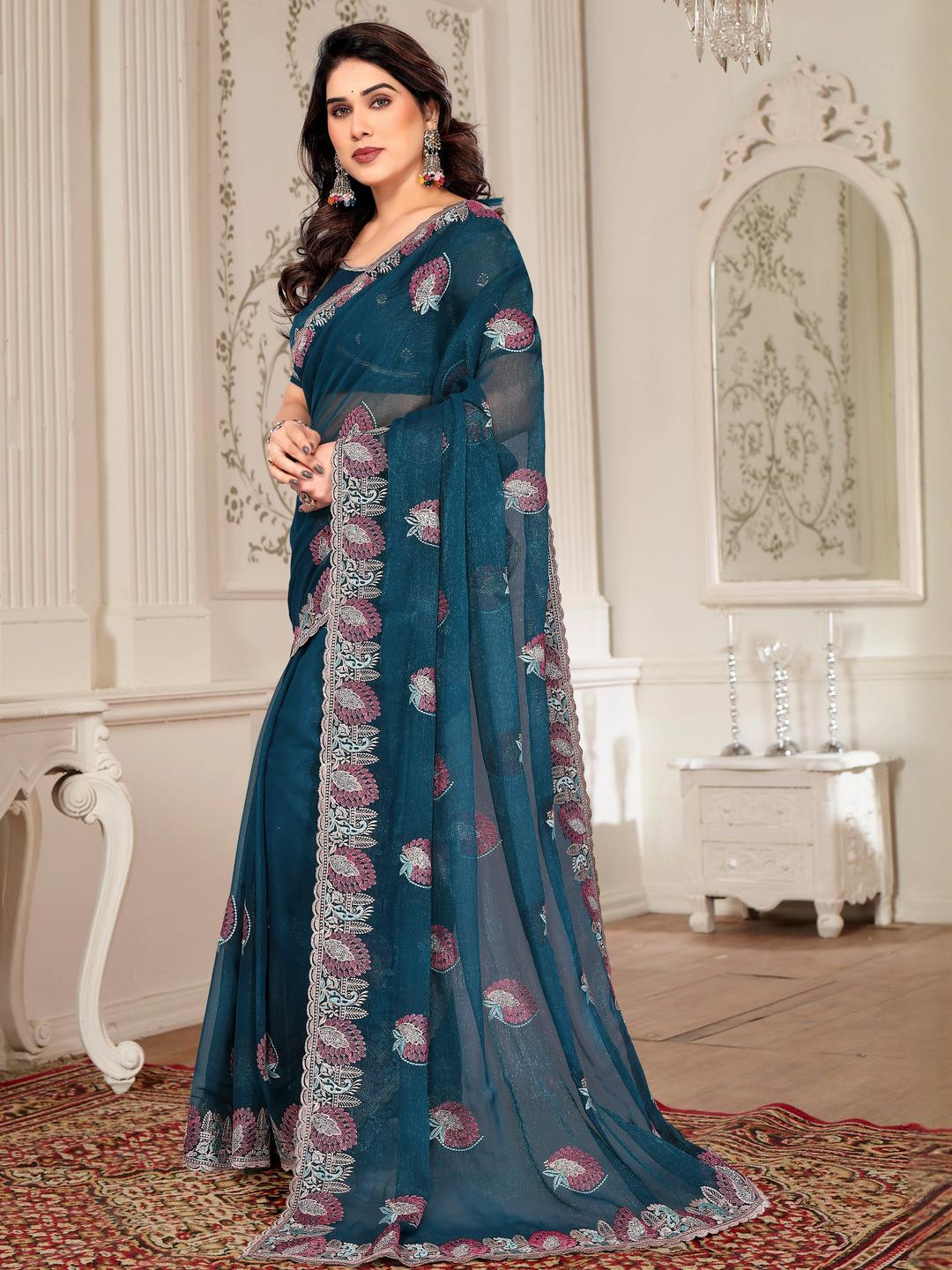 KHRITI FAB Green Embroidered Silk Blend Sarees