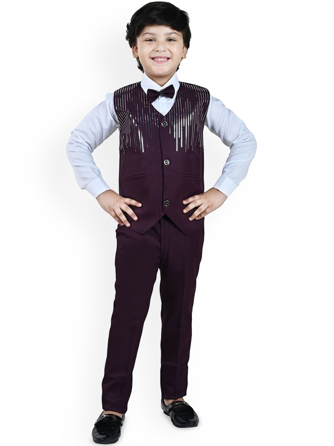 Sangria Boys Embellished Regular Fit Satin Suits With Bowtie